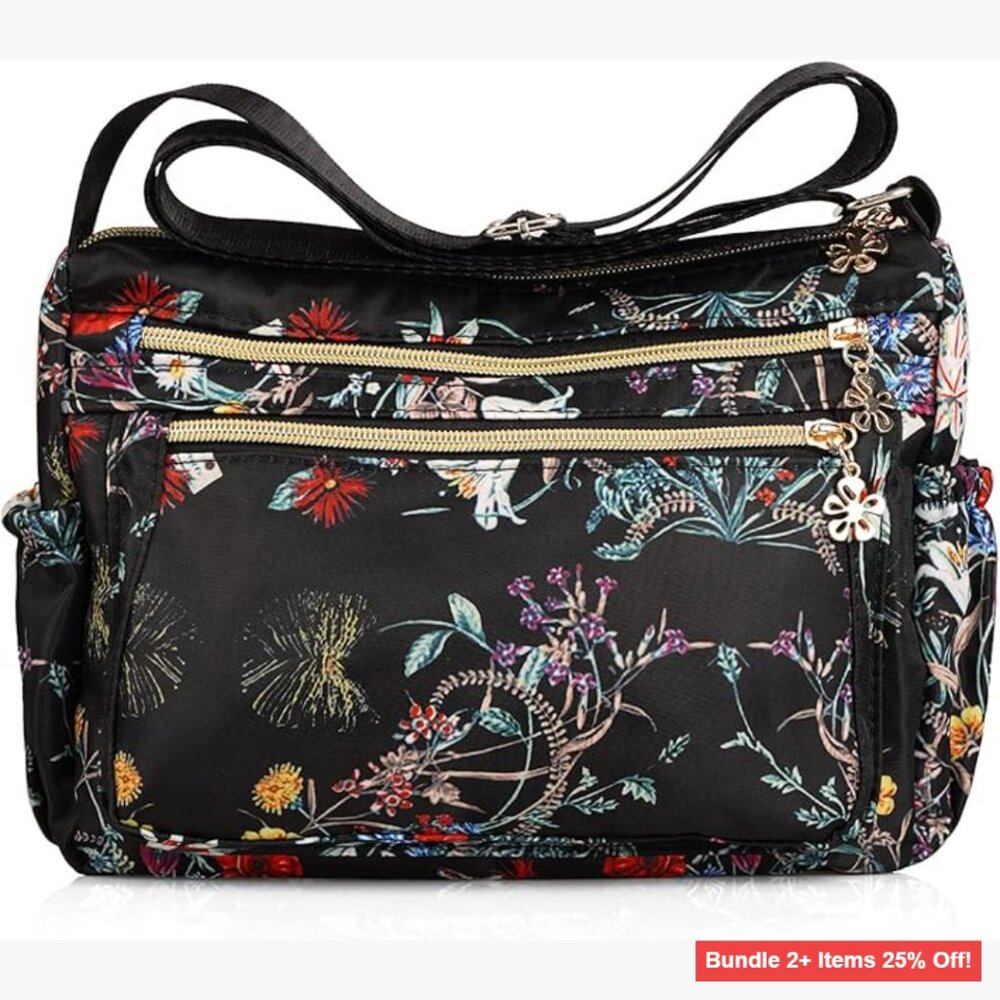 Lightweight Nylon Crossbody Bag with Adjustable Strap, 7 Pockets